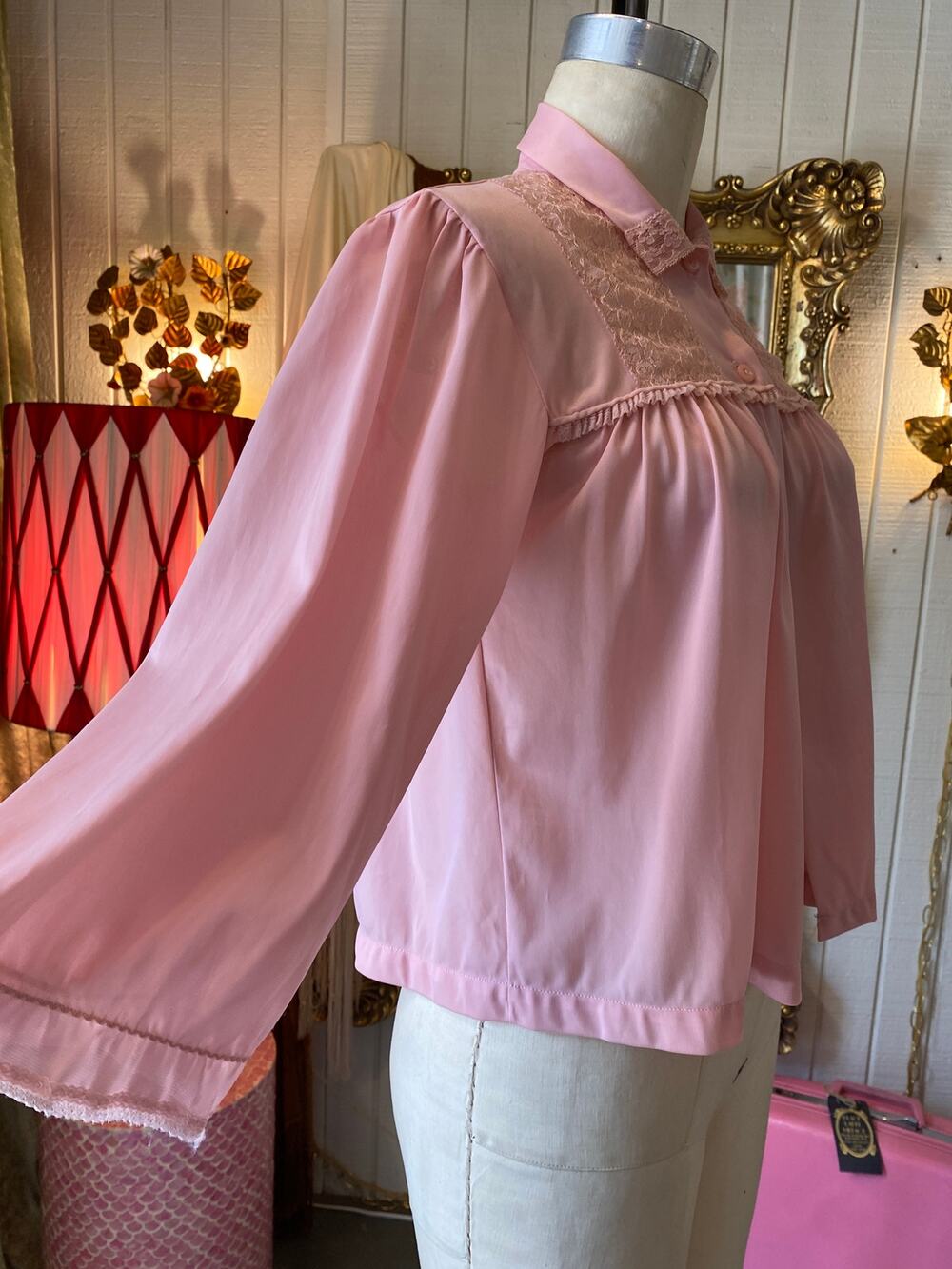 vintage 1960s pink nylon bed jacket, 60s lingerie, feminine blouse, texsheen, m